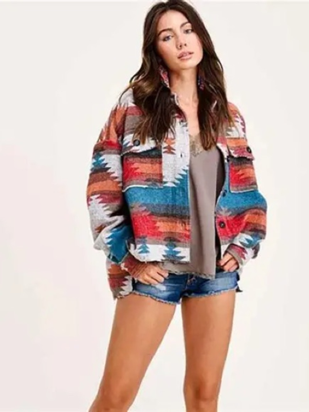 LA MIEL Eldora Aztec Southwestern Print Raw Edge Jacket / Shacket
